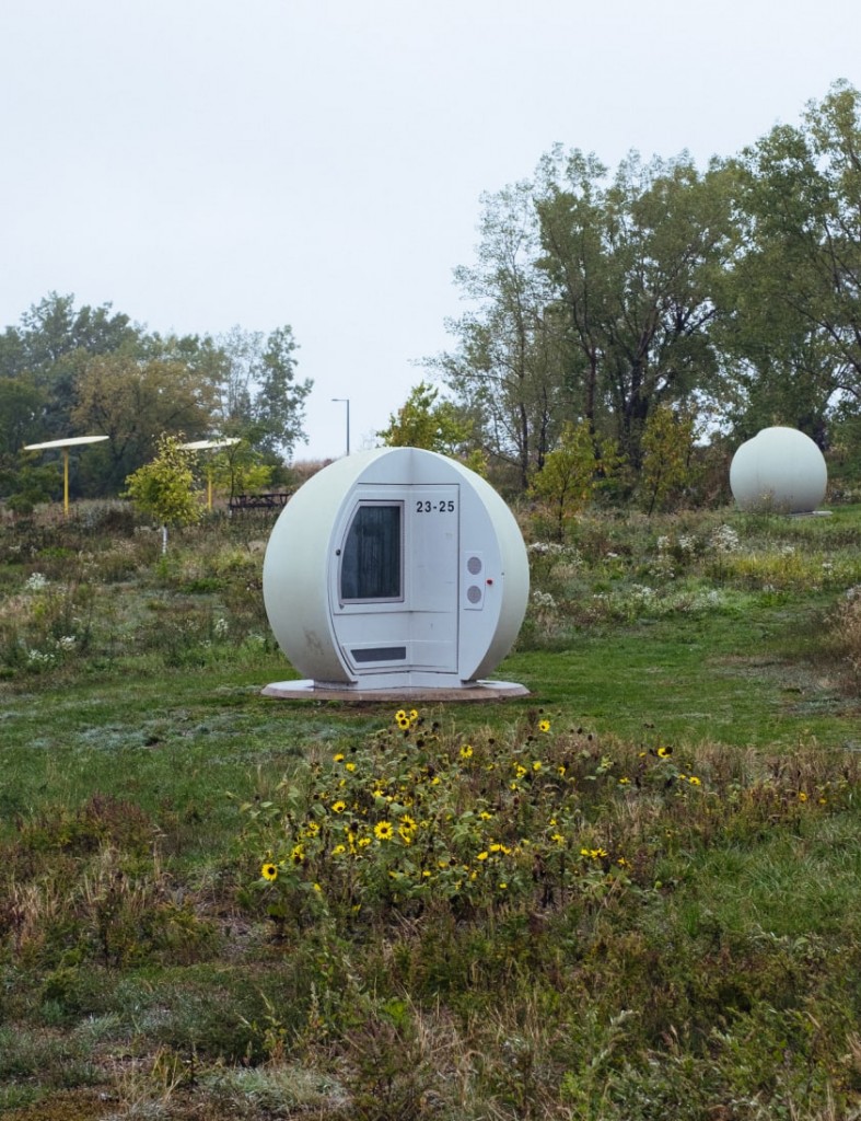 A sphere covers a biogas well in Frédéric-Back Eco-park in Montréal, in the mist.